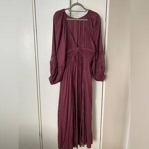 FREE PEOPLE SOUTHWEST LONG SLEEVE LACE INSETS MAXI DRESS PLUM